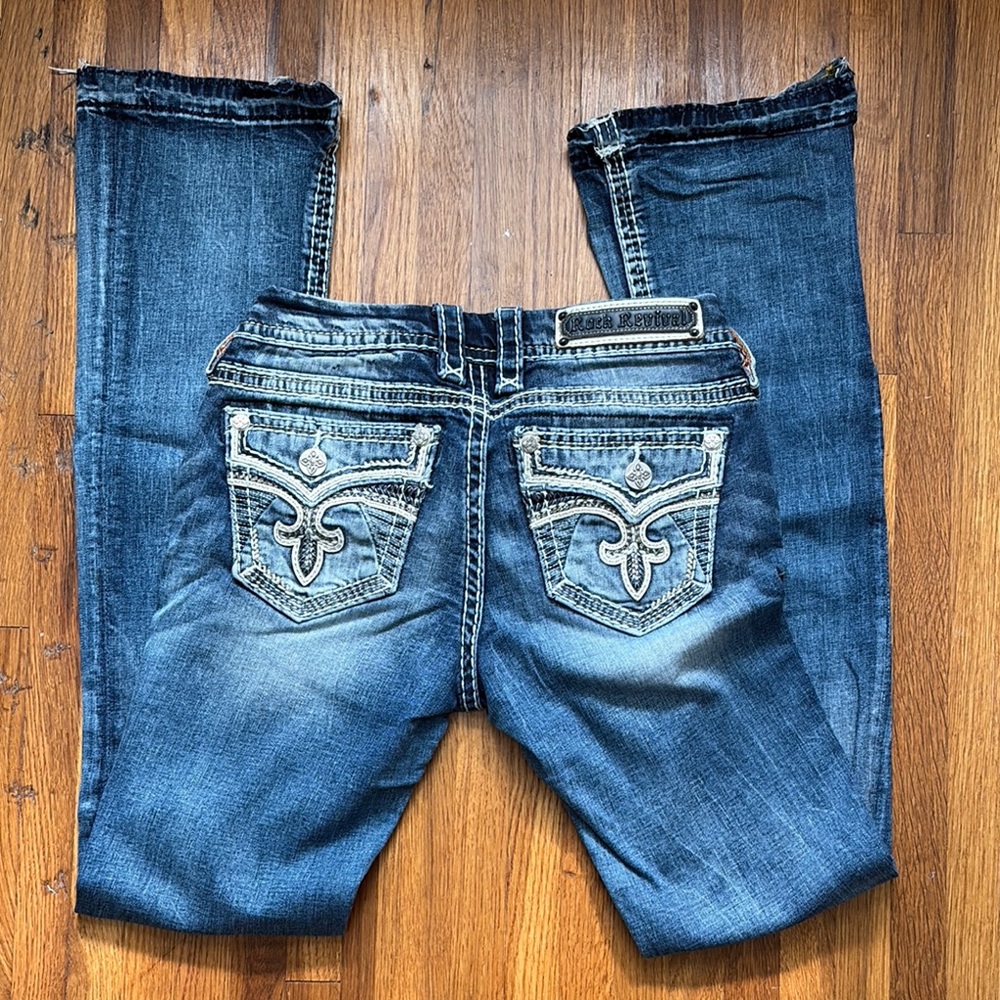 Rock Revival Blue Boot Cut Jeans with Decorative Stitching